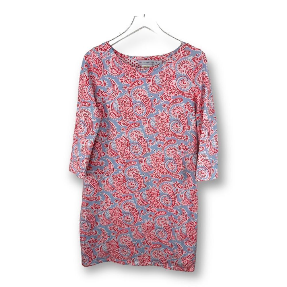 Gretchen Scott Paisley Print shift Dress Jersey Knit Red Light Blue Sz Large